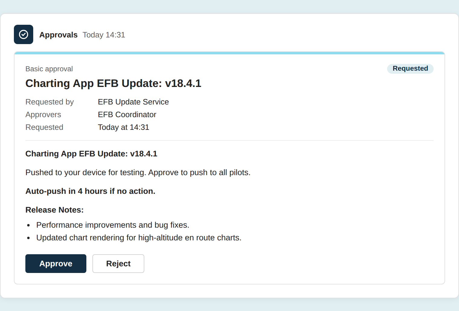 The approval the EFB coordinator gets in Microsoft Teams: the new version, a short set of release notes, and Approve or Reject. Names and devices are illustrative.